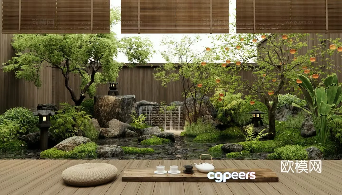Japanese Zen courtyard landscape dry landscape rockery waterfall landscape plant combination 3D model