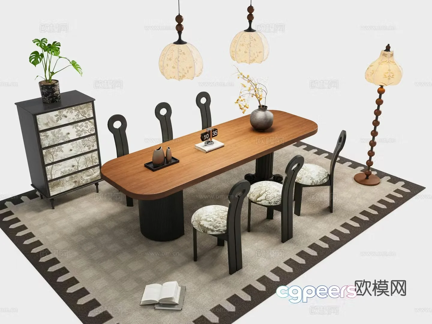 French retro dining table and chair combination 3D model