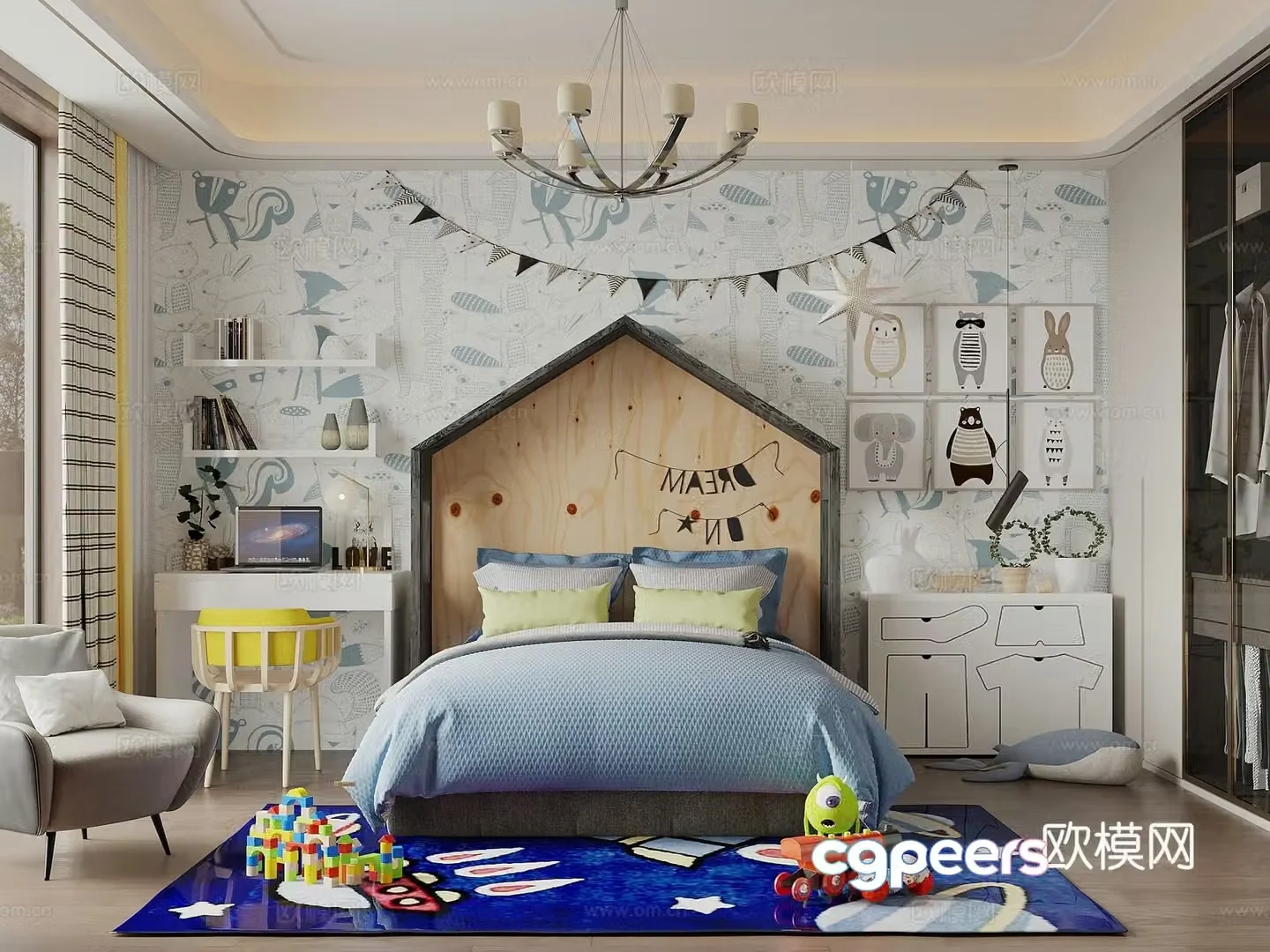 Modern simple children’s room boy’s room blue children’s room children’s bed bedside background wall 3D model