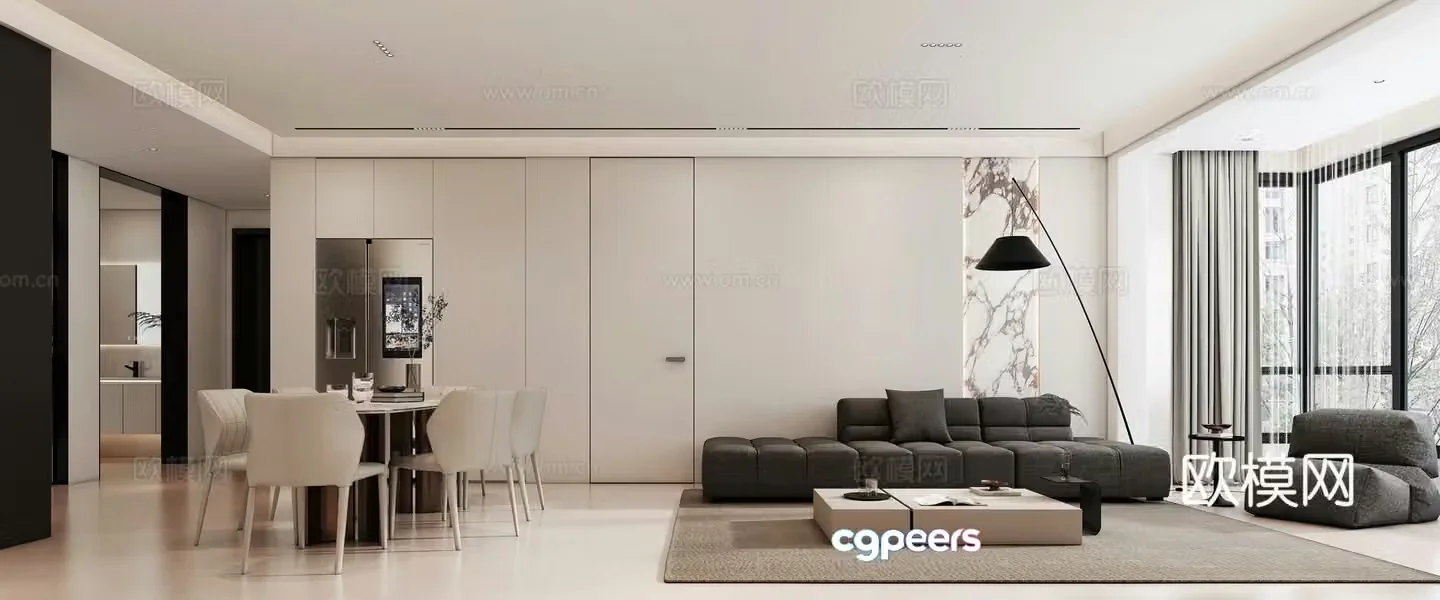 Modern living and dining room combination sofa leisure chair dining table cream style modern living room simple 3d model