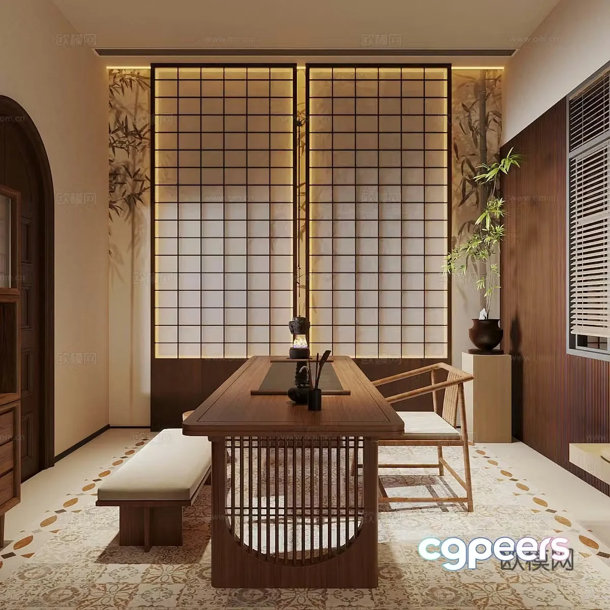 Middle-aged tea room tea tasting area Japanese tea room tatami tea room tatami tea table chair teapot 3D model