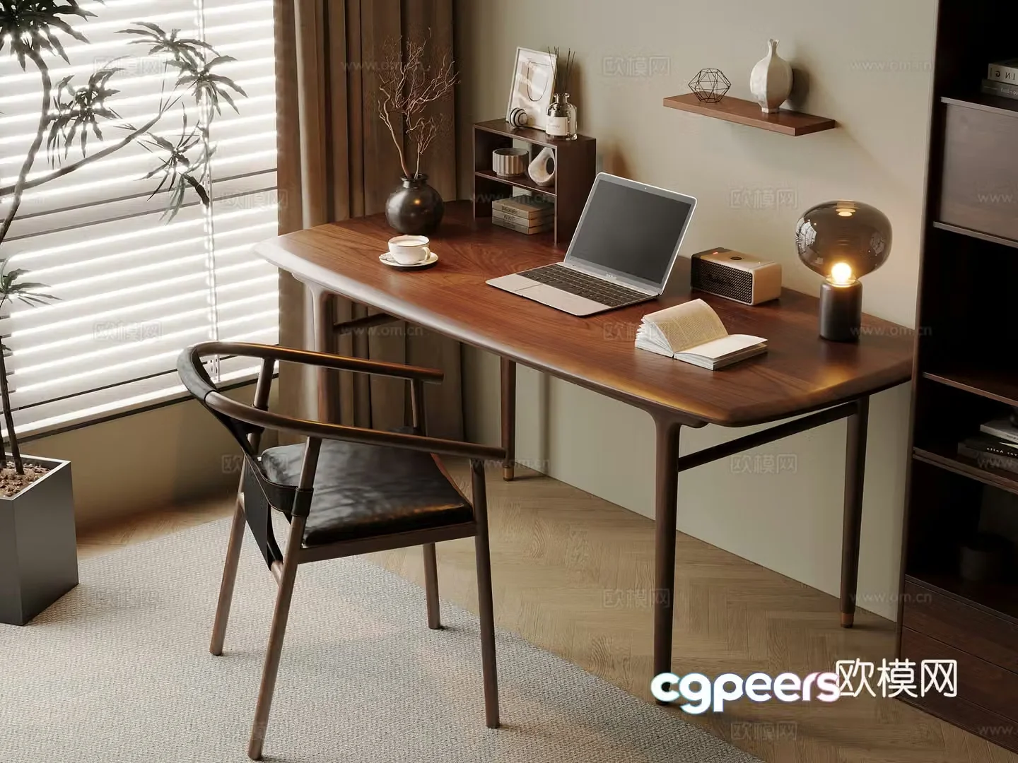 Middle-aged style desk and chair solid wood computer desk and chair writing desk study desk and chair solid wood single chair bookcase 3D model