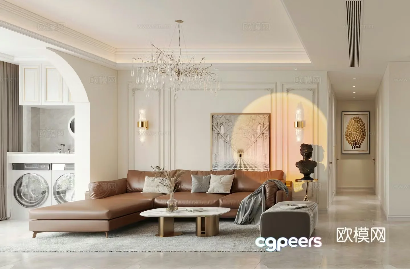 Modern living and dining room combination sofa light luxury French American simple European living room simple beautiful living room 3D model