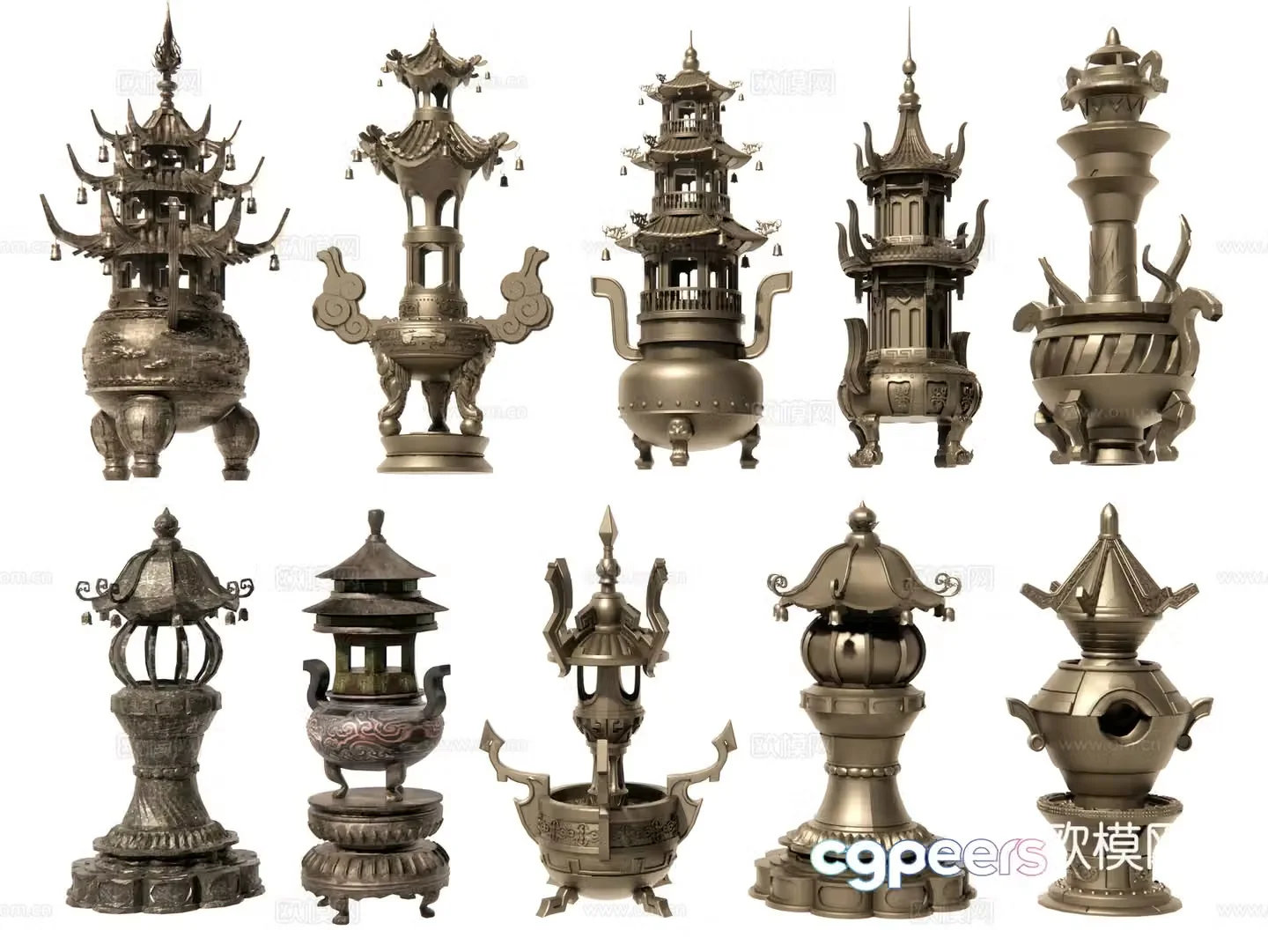 Chinese incense burner copper furnace incense burner Buddhist niche bronze tripod sacrificial supplies classical incense burner 3D model