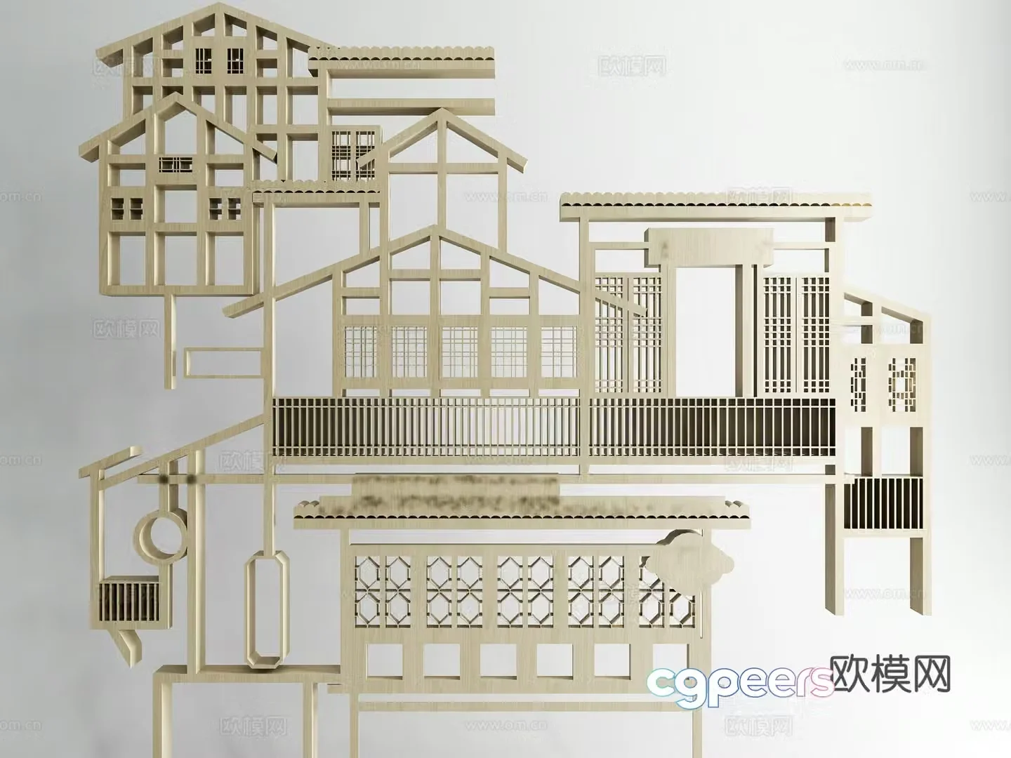 Chinese wooden eaves beam frame grating 3D model