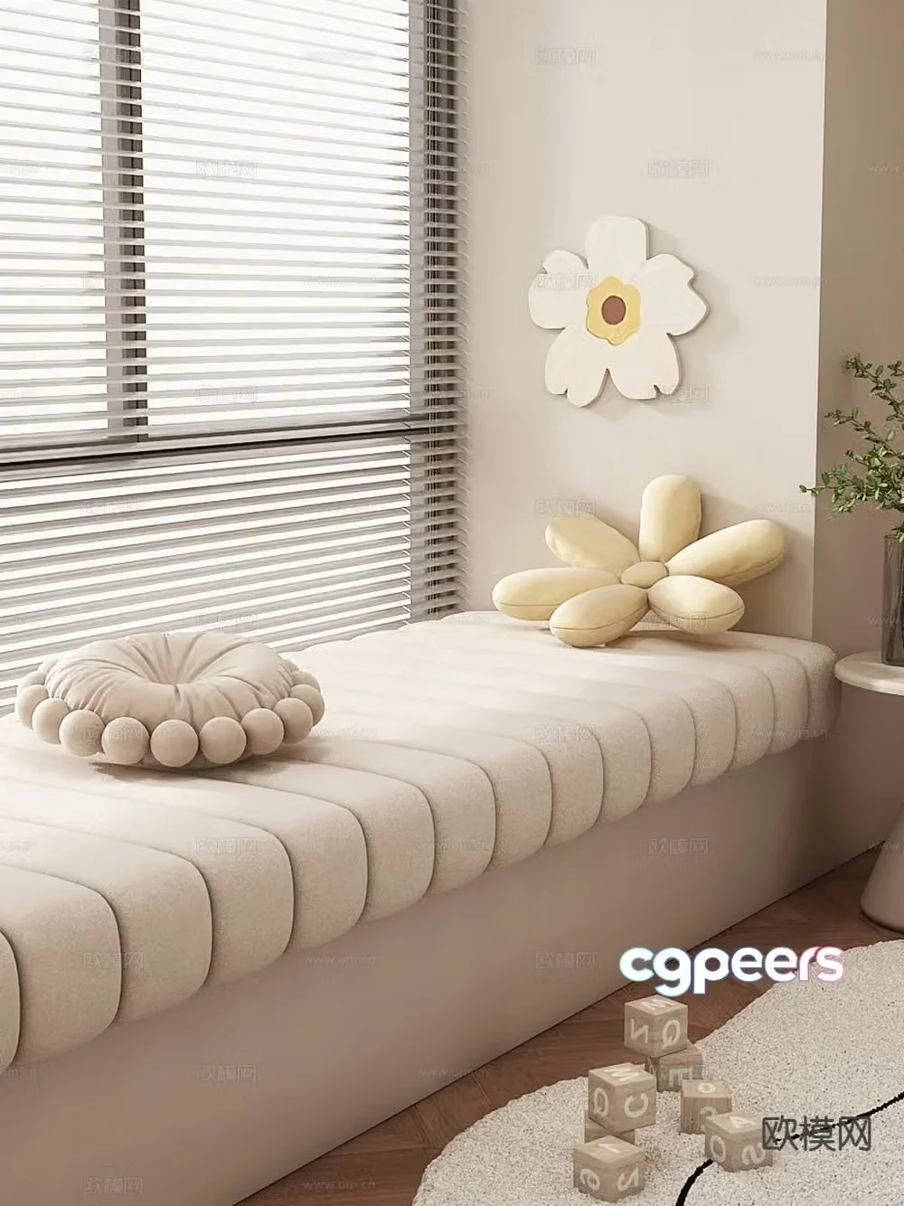 Cream wind bay window cushion pillow 3D model