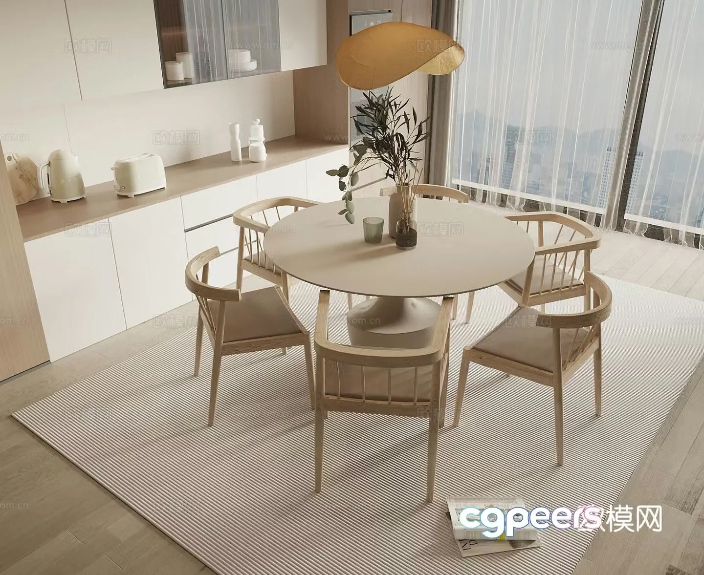 Log style dining table and chairs round dining table 3d model