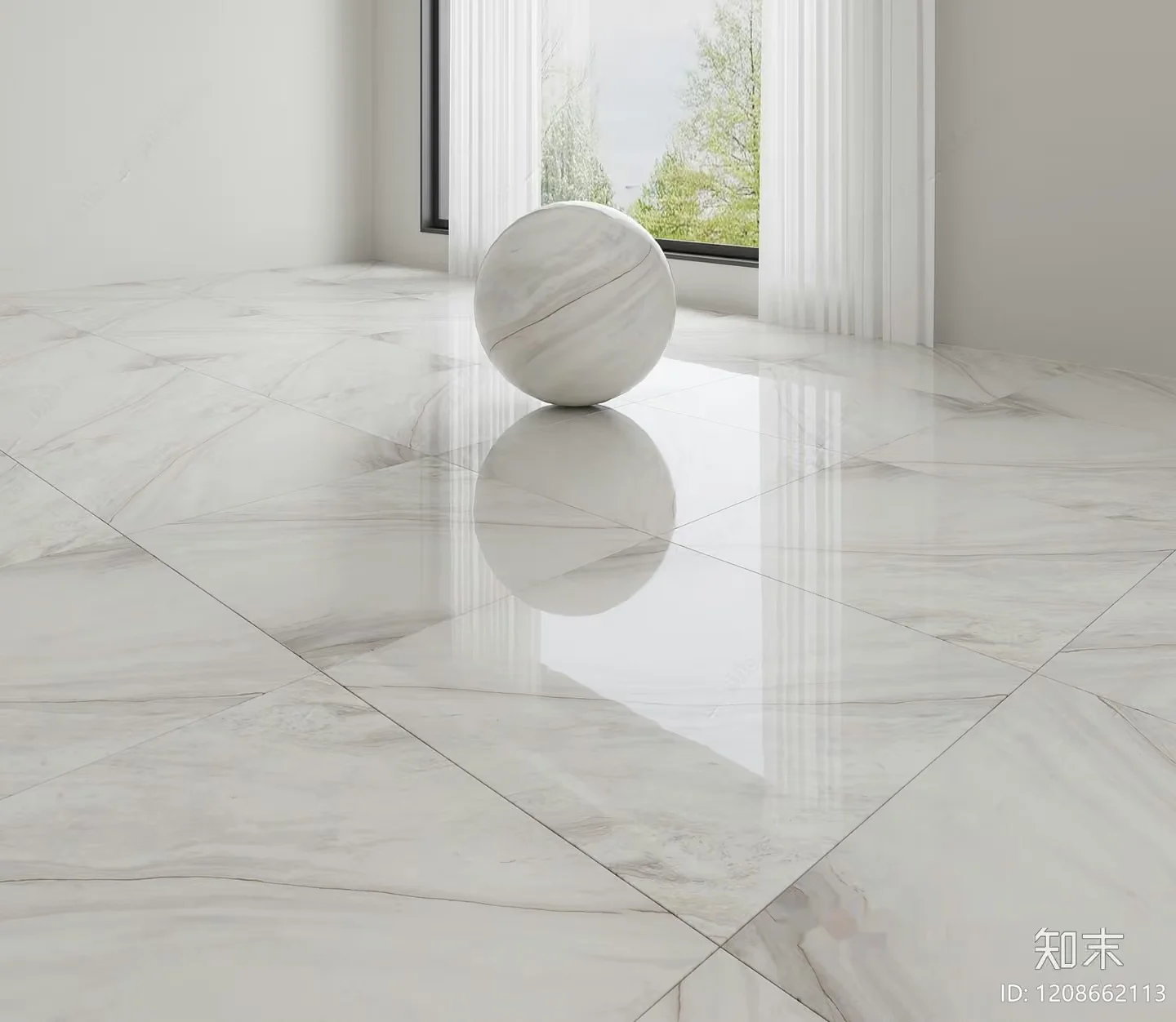A Marble Floor With A Reflective Surface And A Ball On It 3D Model – 4986 – VRAY Render