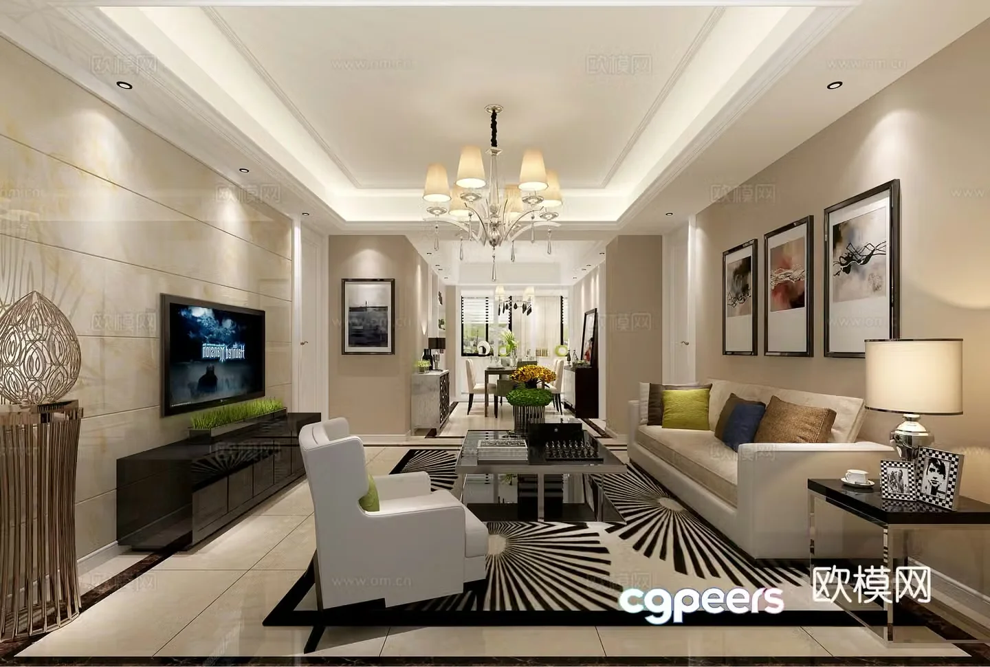 Nordic living restaurant sofa coffee table chandeliers desktop ornaments 3D model of hanging paintings
