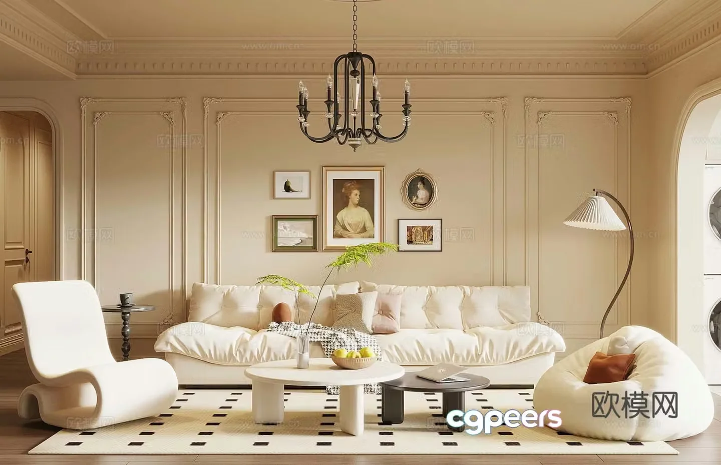 French creamy living room sofa background wall sofa coffee table combination 3d model