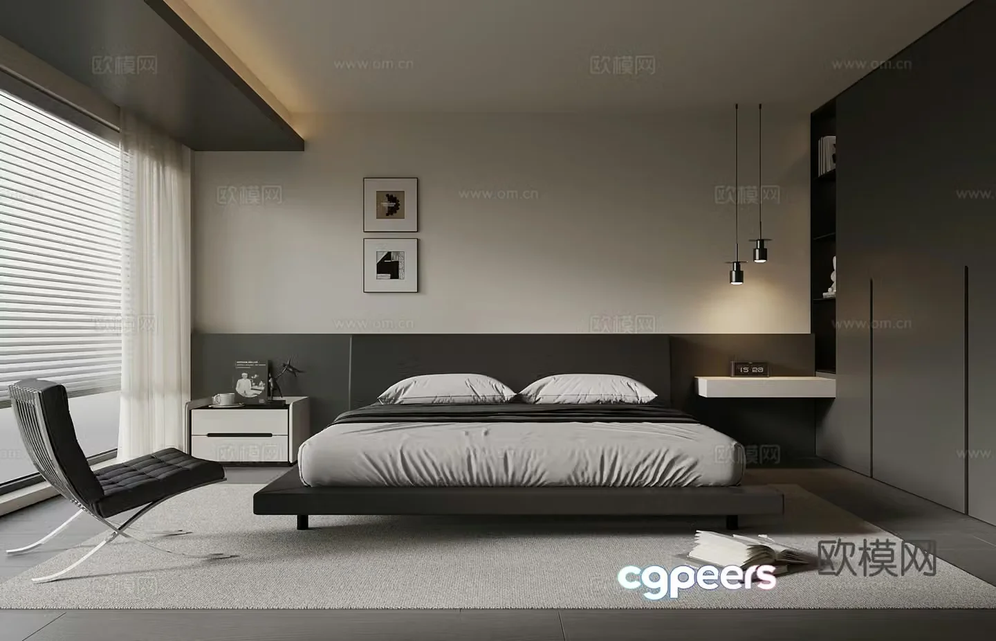 Italian minimalist bedroom wardrobe double bed 3d model