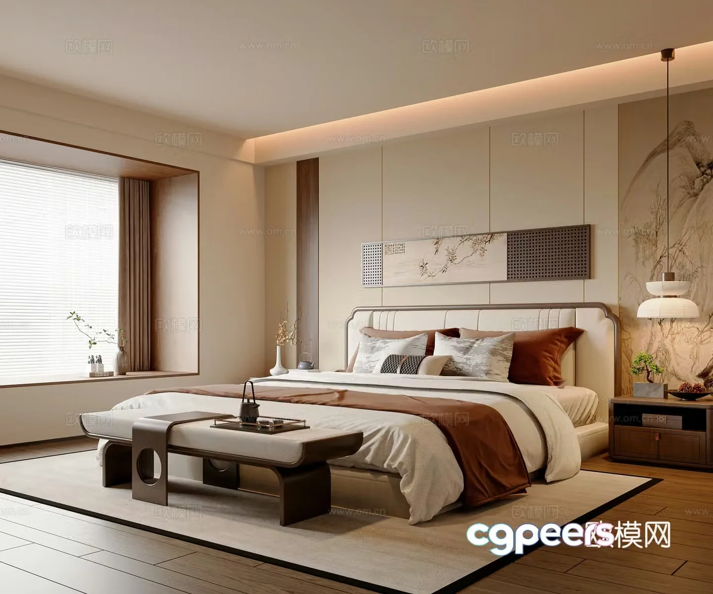 New Chinese style bedroom Master bedroom New Chinese style double bed New Chinese style bedside table New Chinese style bedside stool 3D model