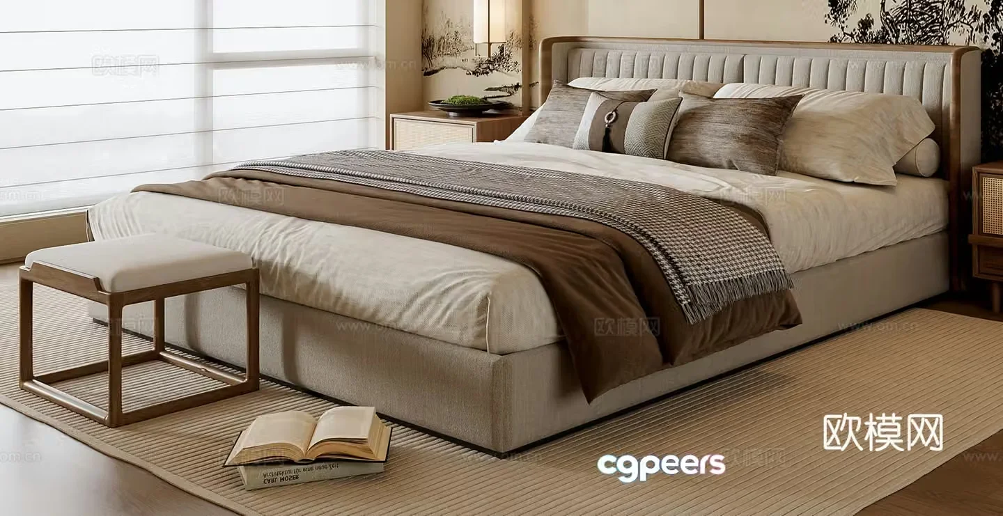 New Chinese style double bed 3D model