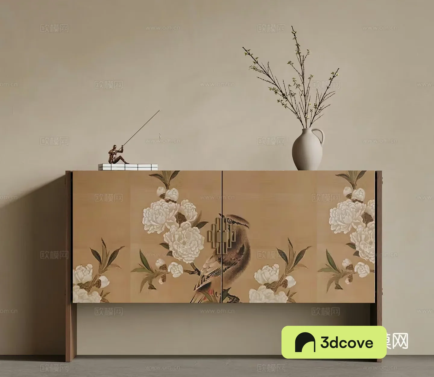 A Brown Cabinet With A Bird And Flower Design