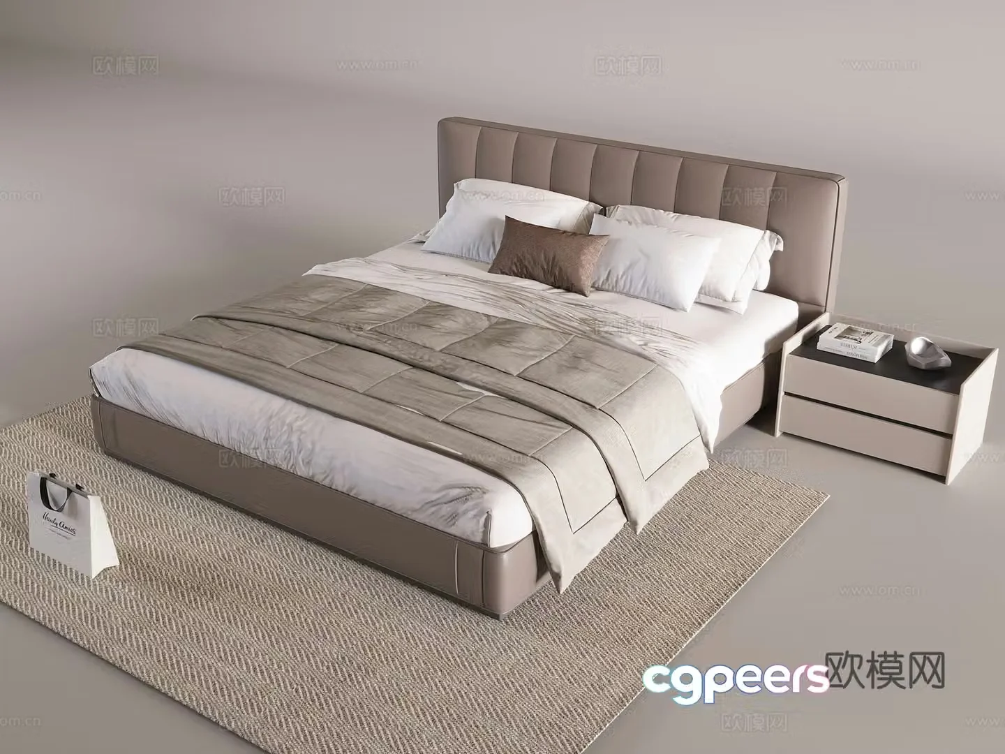 Nordic solid wood double bed bed nightstand bedding quilt pillow pillow 3D model