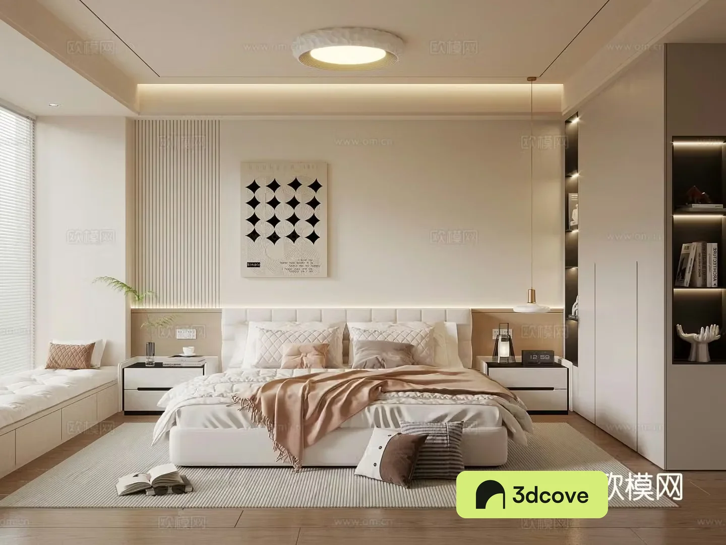 Creamy Bedroom Modern Bedroom Double Bed Wardrobe Bedside Table