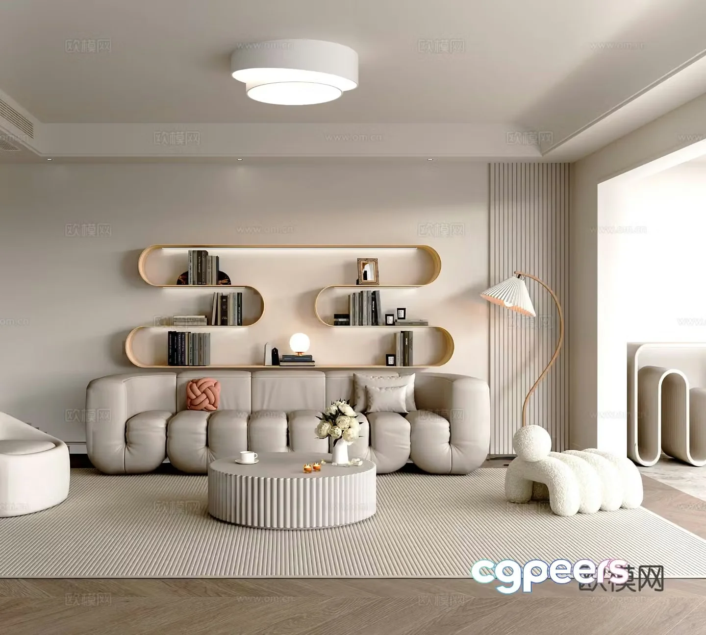 Cream style modular sofa S-shaped shelf 3D model