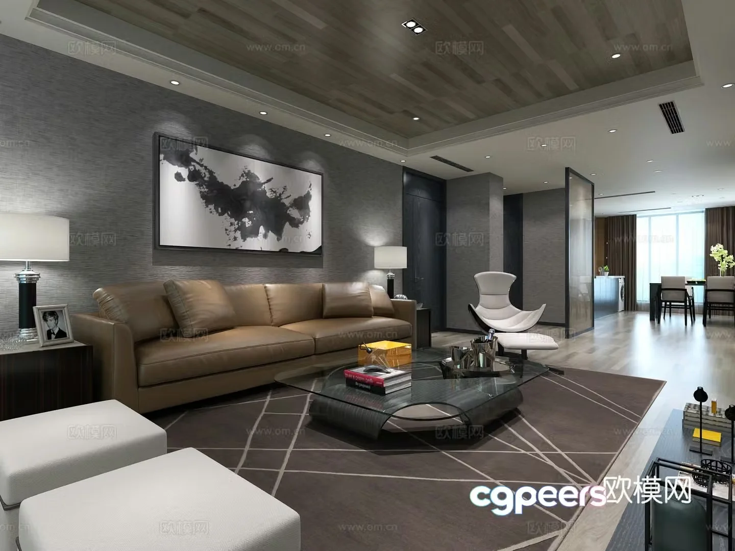 Modern living and dining room study decorative painting 3d model