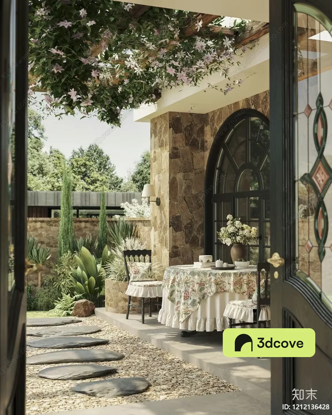 A Patio With A Table And Chairs