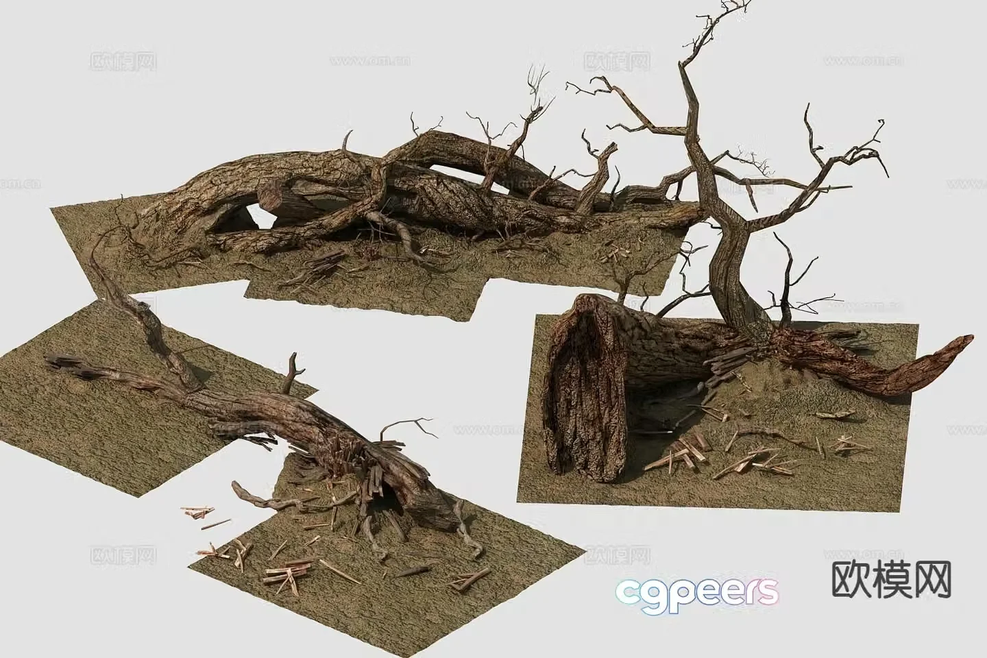 Dead tree trunk soil fallen leaves landscape sketch 3d model