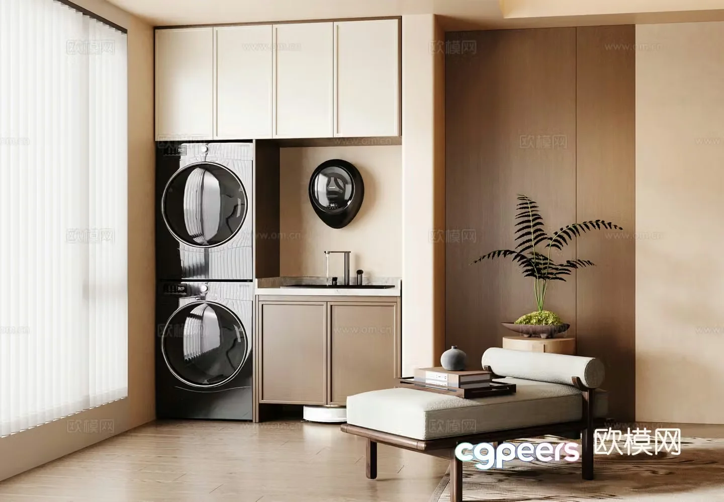New Chinese style balcony cabinet washing machine cabinet living balcony laundry pool flush set 3D model