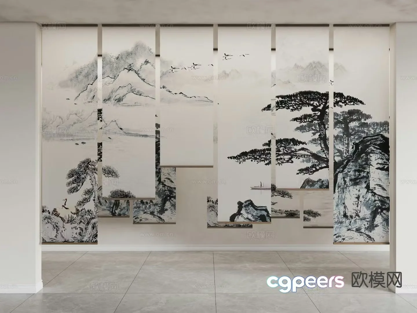 New Chinese style curtains gauze curtains landscape curtains partition curtains 3D model