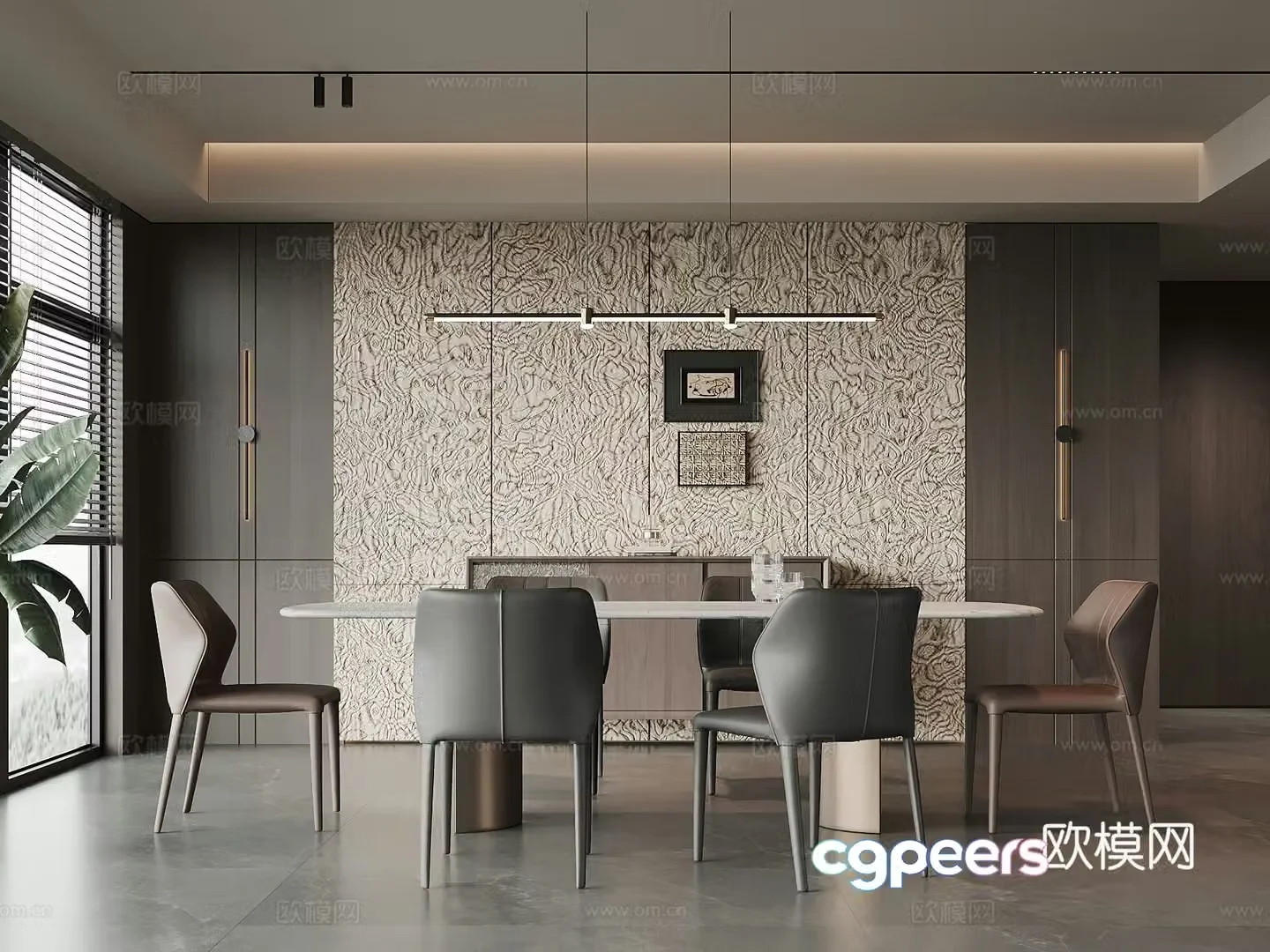 Modern Italian restaurant dining table and chair chandeliers 3d model