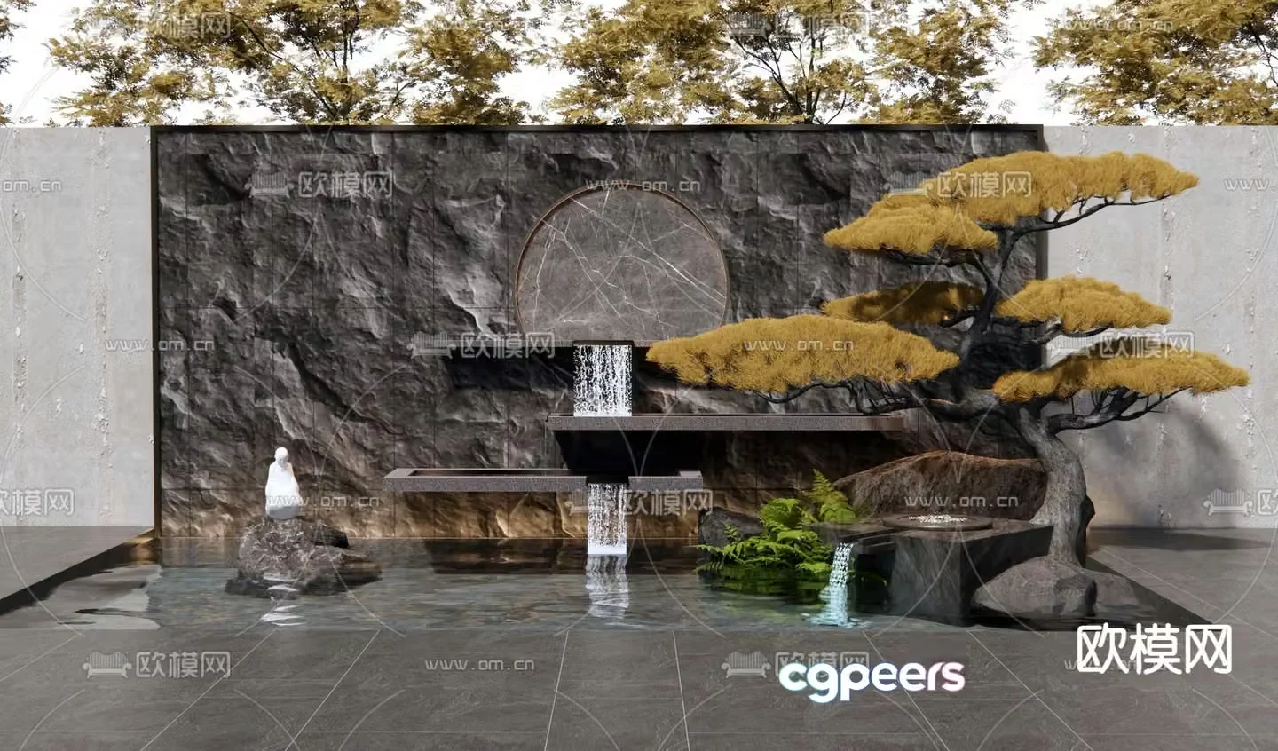 Falling water feature wall rockery water feature plant landscaping 3D model