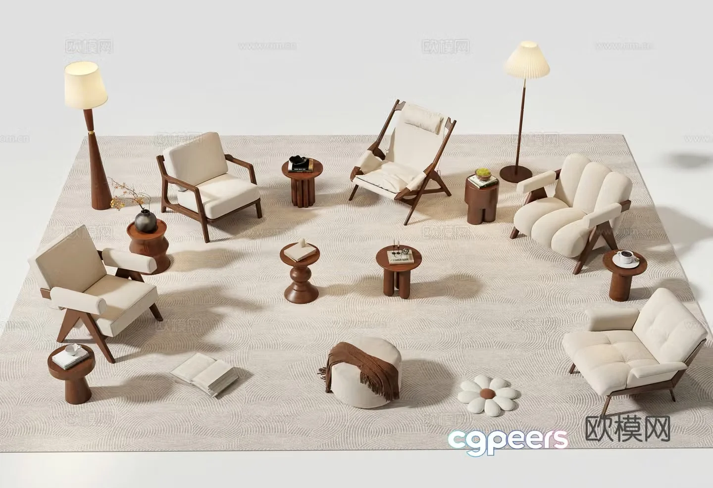 Middle-aged leisure chair cloth chair wooden chair leisure chair leisure table and chair floor lamp 3d model