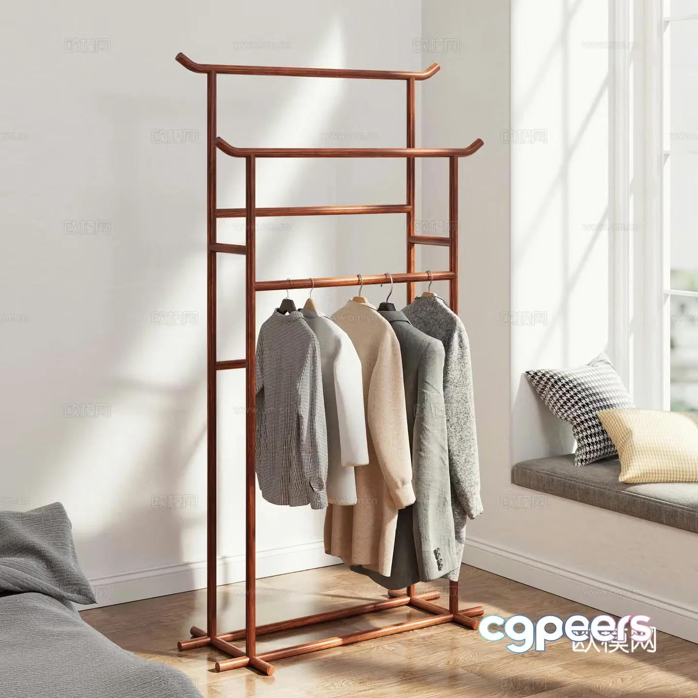 Modern solid wood clothes hanger clothes rail log coat rack 3d model