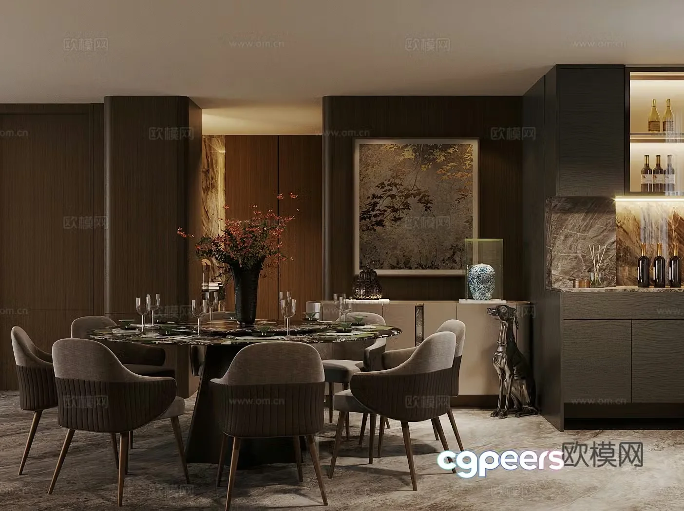 Italian light luxury home restaurant Marble round dining table Kitchen restaurant Round table restaurant Open 3D model