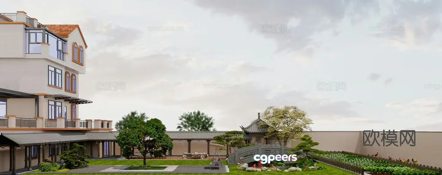 New Chinese style courtyard Villa courtyard landscape Fish pond water view New Chinese style corridor 3D model
