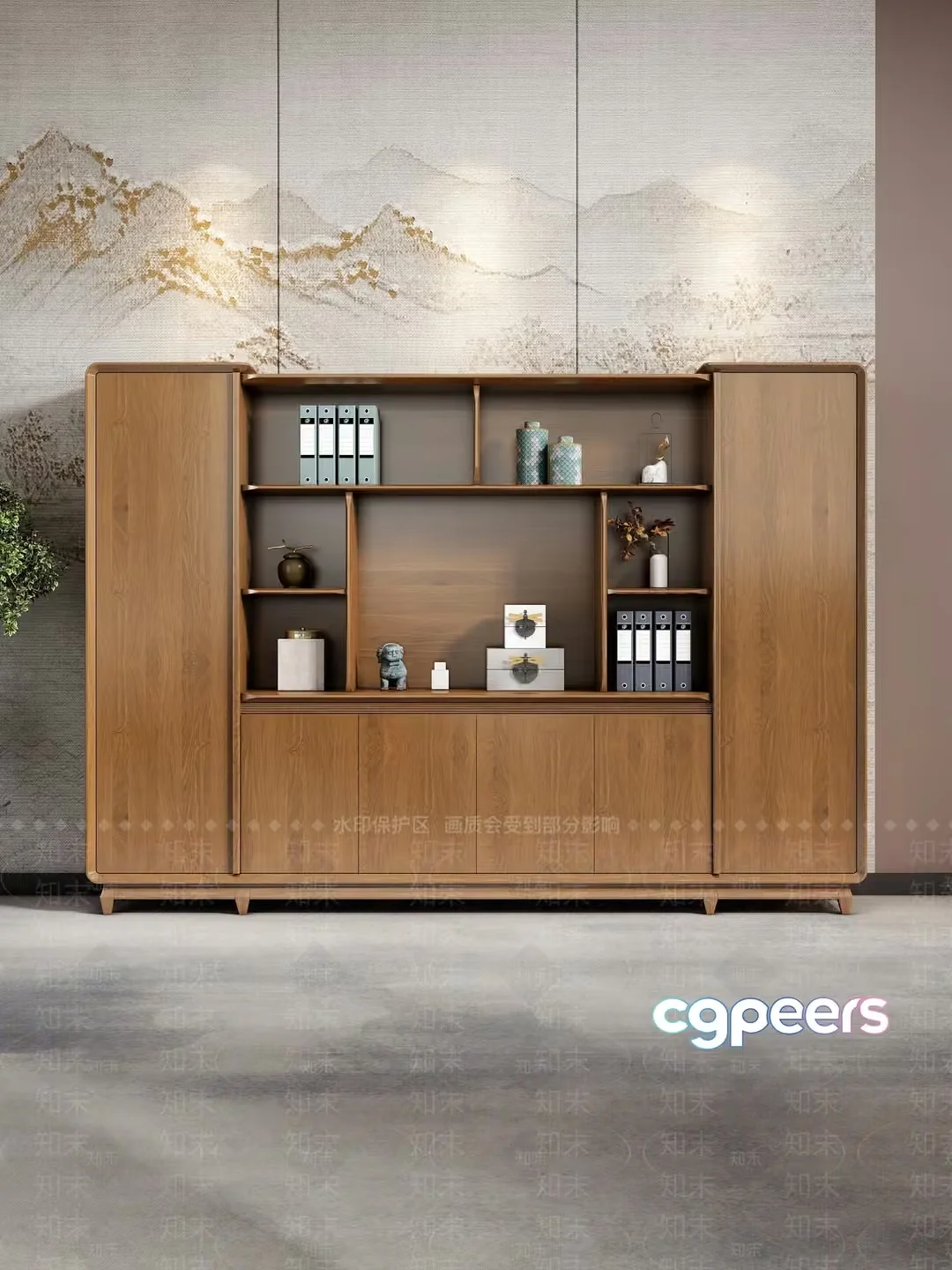 A Wooden Bookcase With Shelves And Cabinets 3D Model – 1294 – VRAY Render