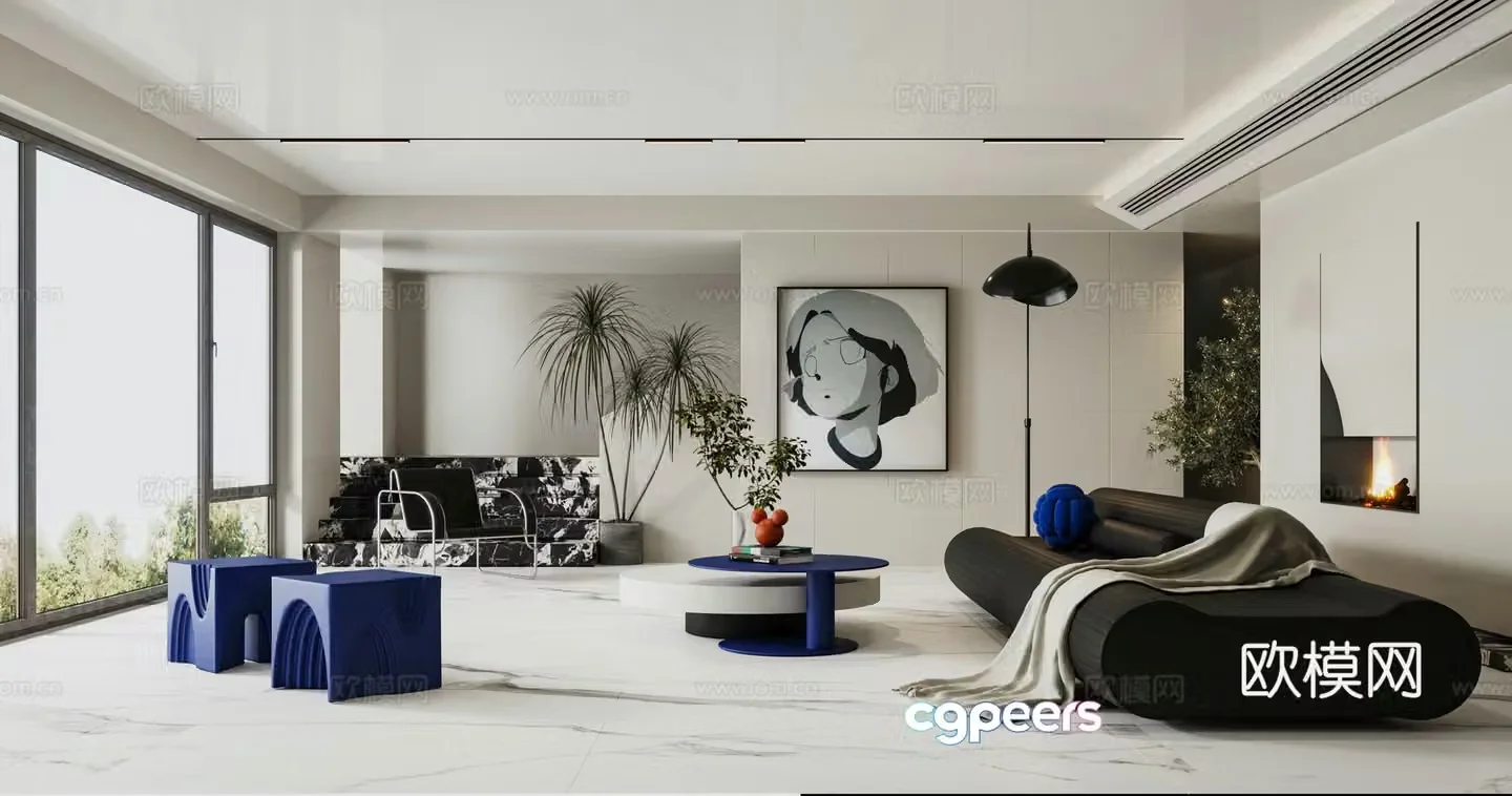 Modern minimalist black white and gray living room 3d model