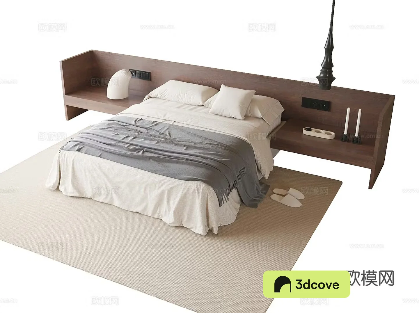 Modern double bed backrestless bed nightstand