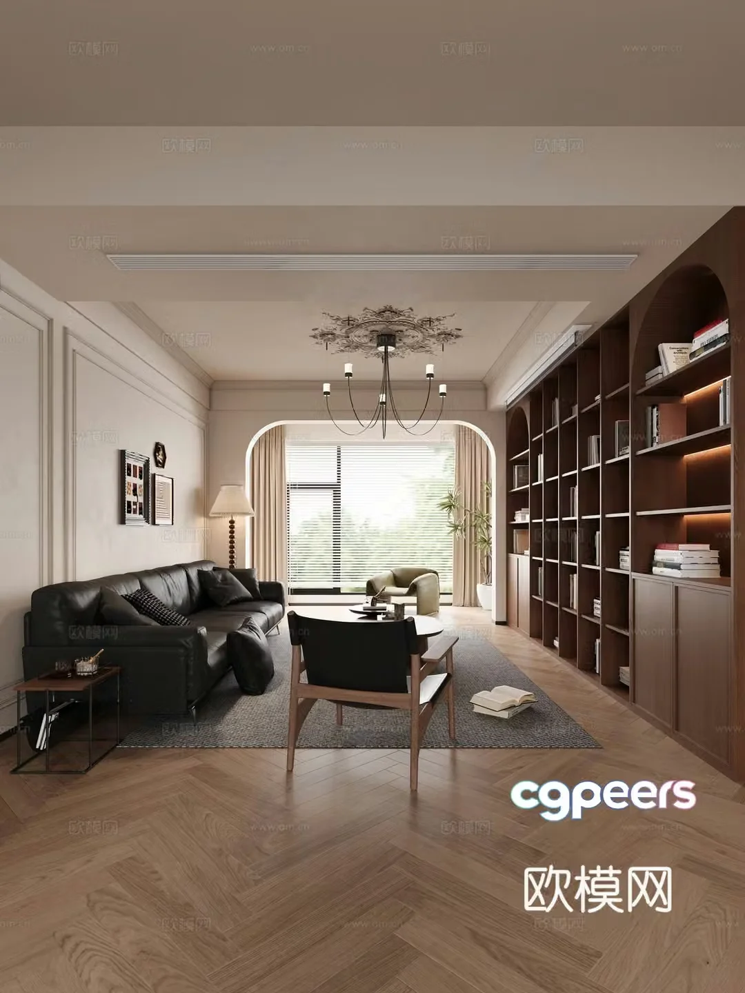 Middle-aged log home living room sofa and coffee table combination bookcase chandelier 3d model