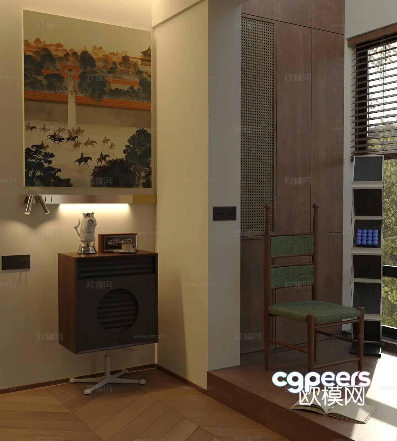 Middle-aged side cabinet low cabinet decorative cabinet single chair hanging painting curtain switch 3d model