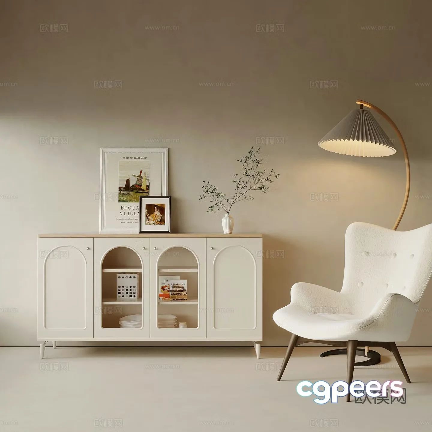 Entrance cabinet modern cream-style sideboard leisure chair floor lamp 3d model