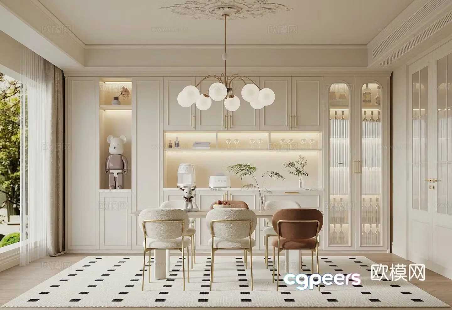 Restaurant French Cream Restaurant Wine Cabinet Side Cabinet Dining Table 3D Model