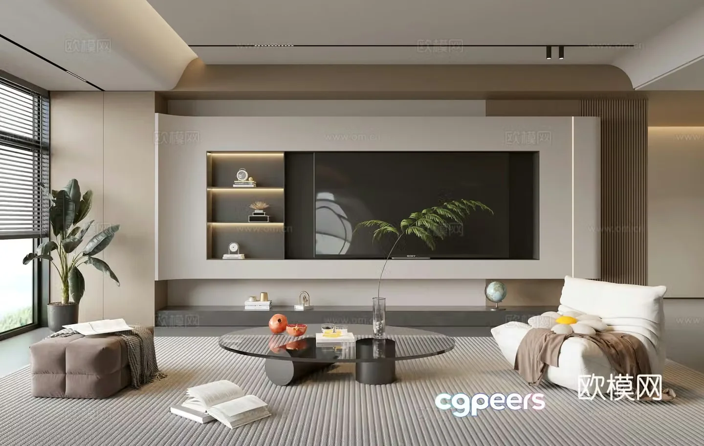 Modern simple living room balcony cabinet sofa combination coffee table sofa background wall 3d model