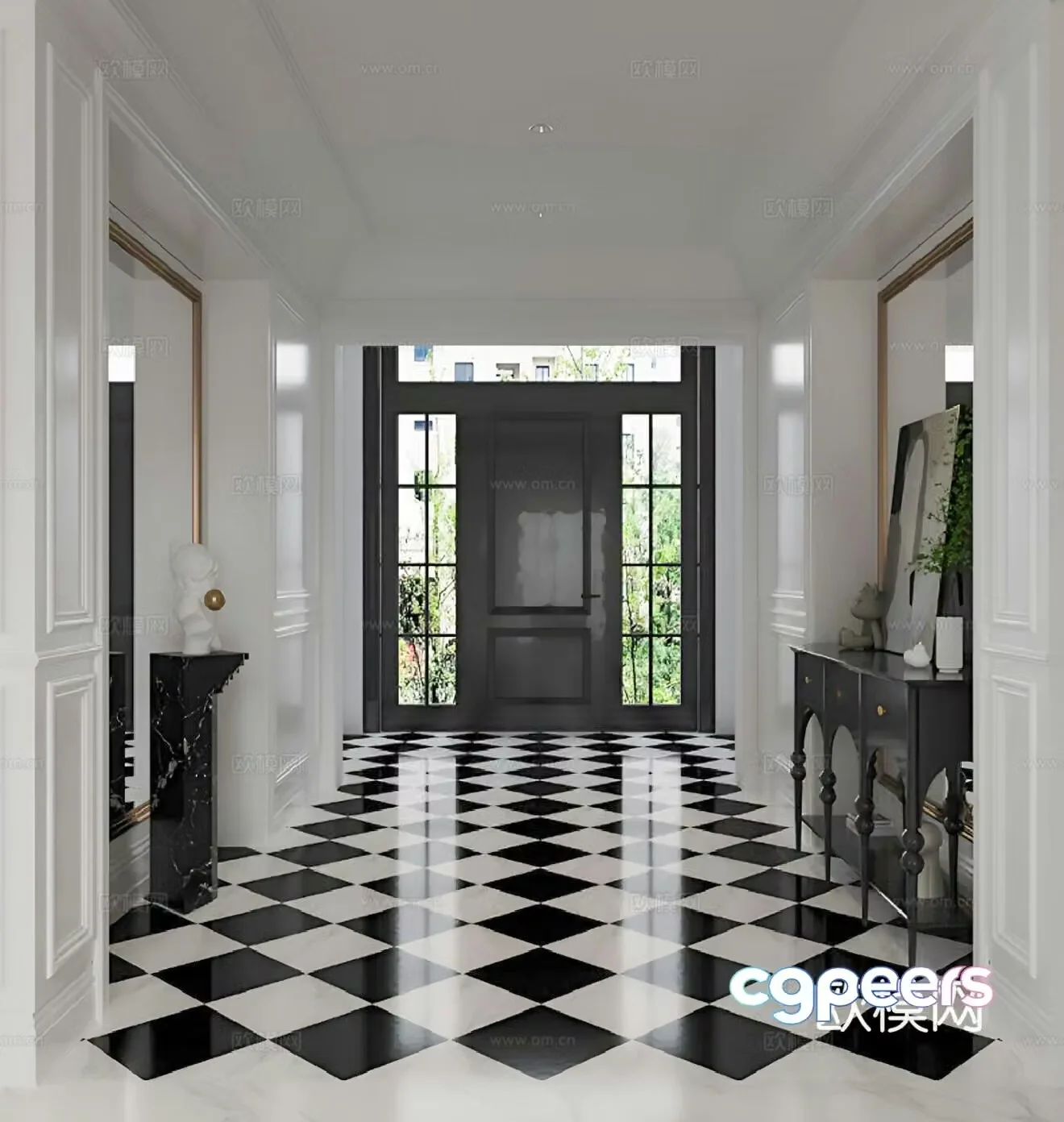 French entrance hall black and white parquet floor tiles 3D model