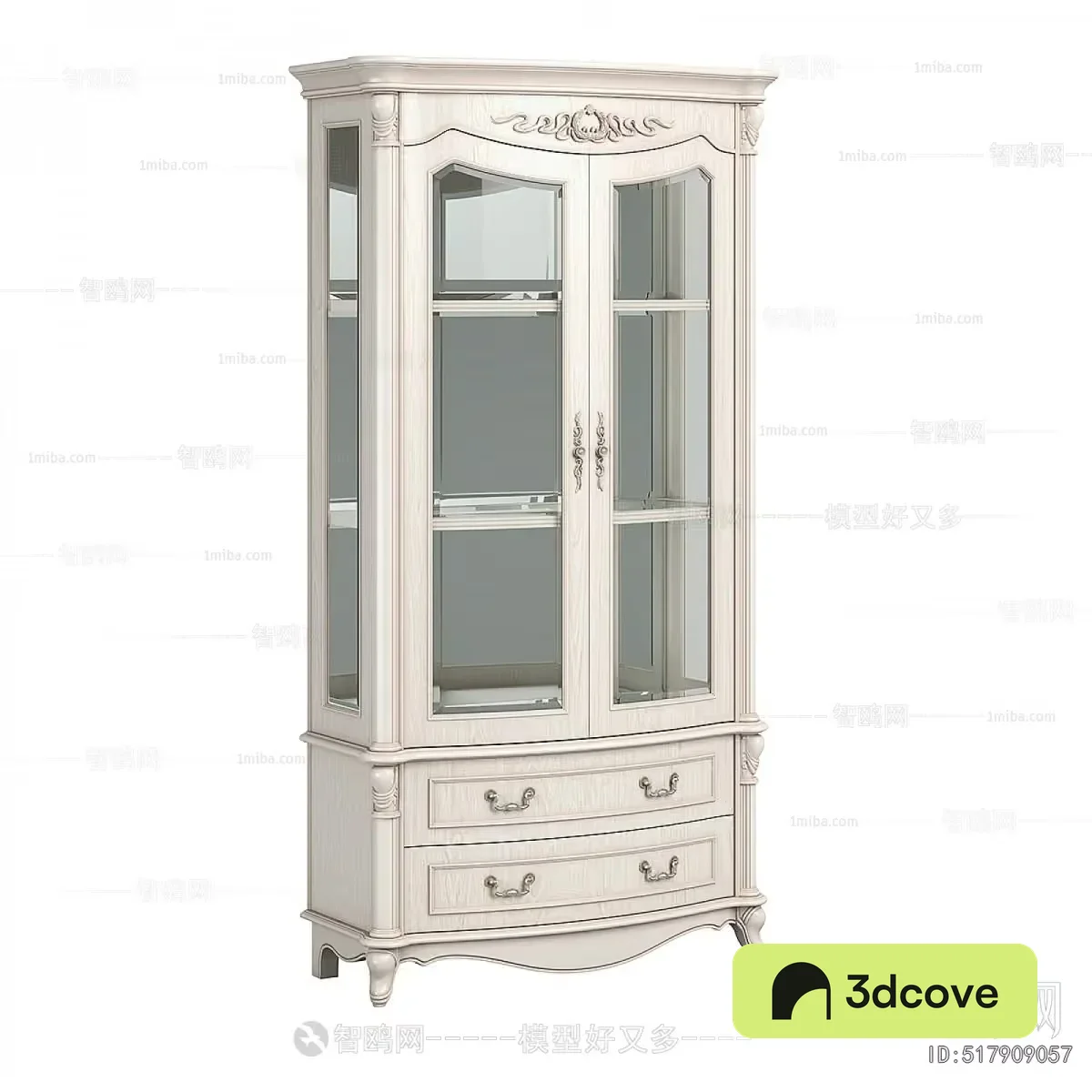 A White Cabinet With Drawers And Glass Doors
