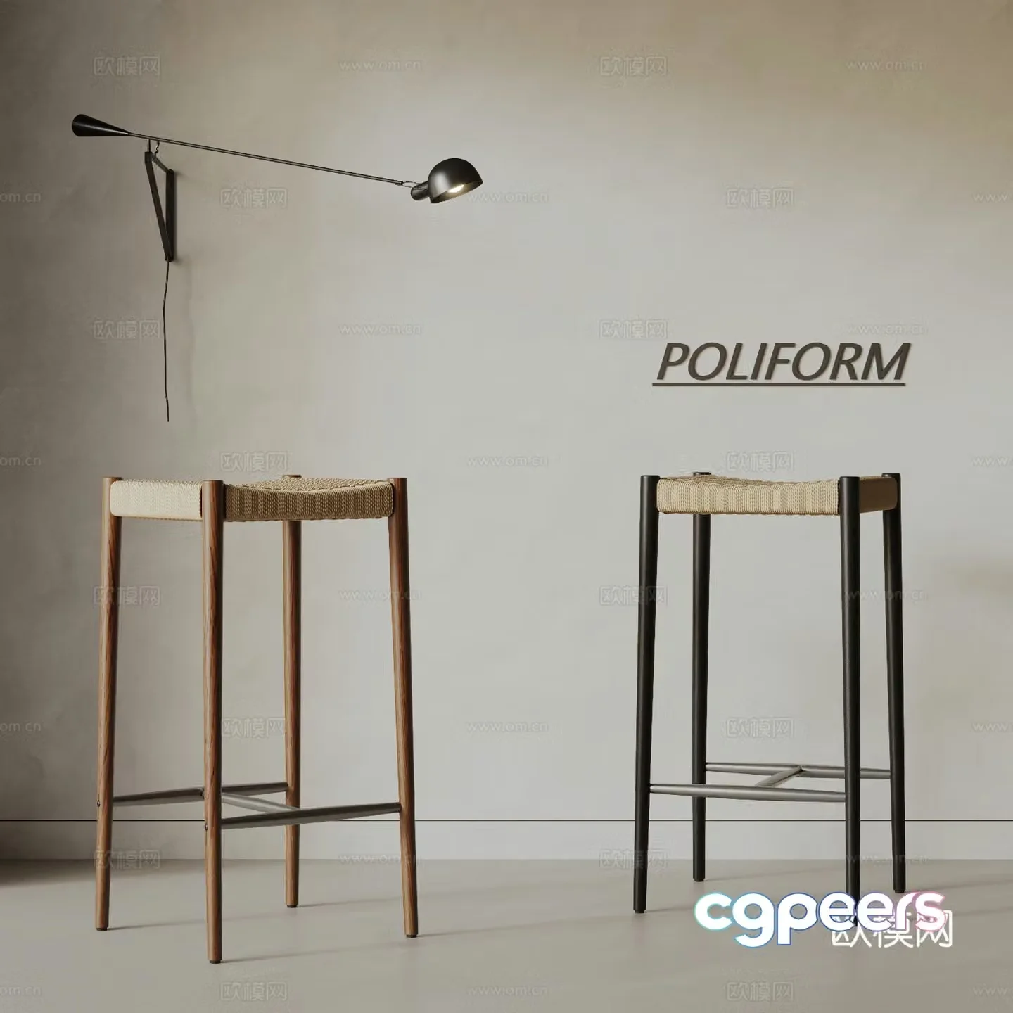 Middle-aged style woven bar stool combination solid wood bar stool bar chair bar chair Wasabi bar chair 3D model