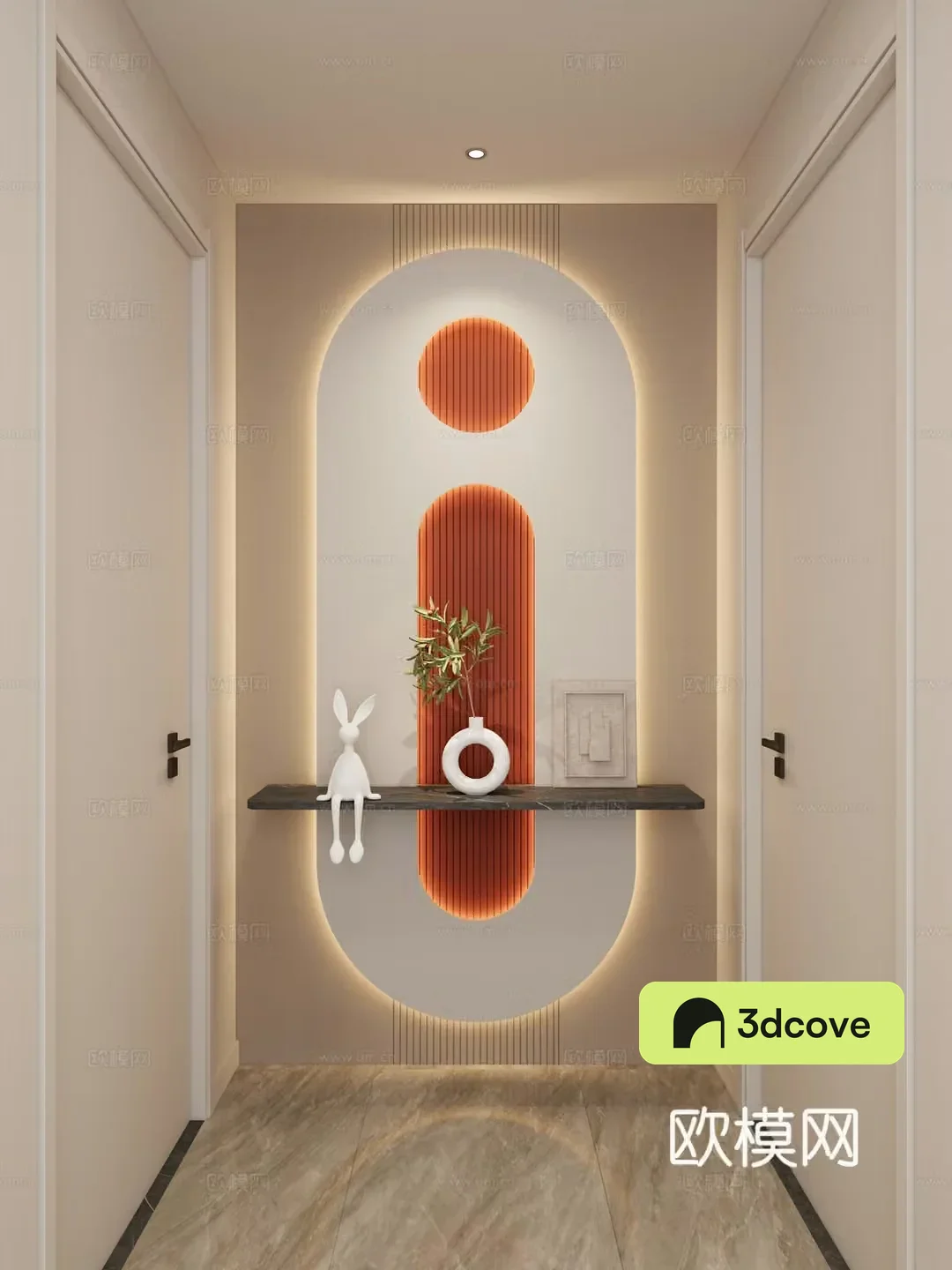 Cream Simple Style Arc Lighting Grille Corridor End View Entrance