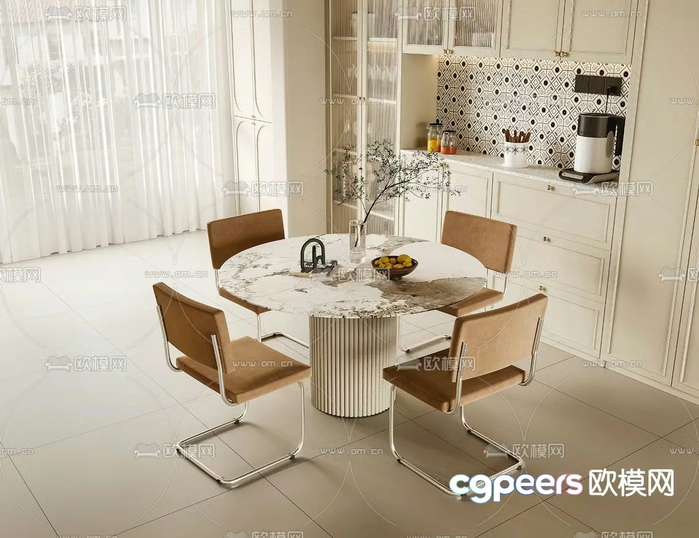 French dining table and chairs cream style dining table and chairs 3d model