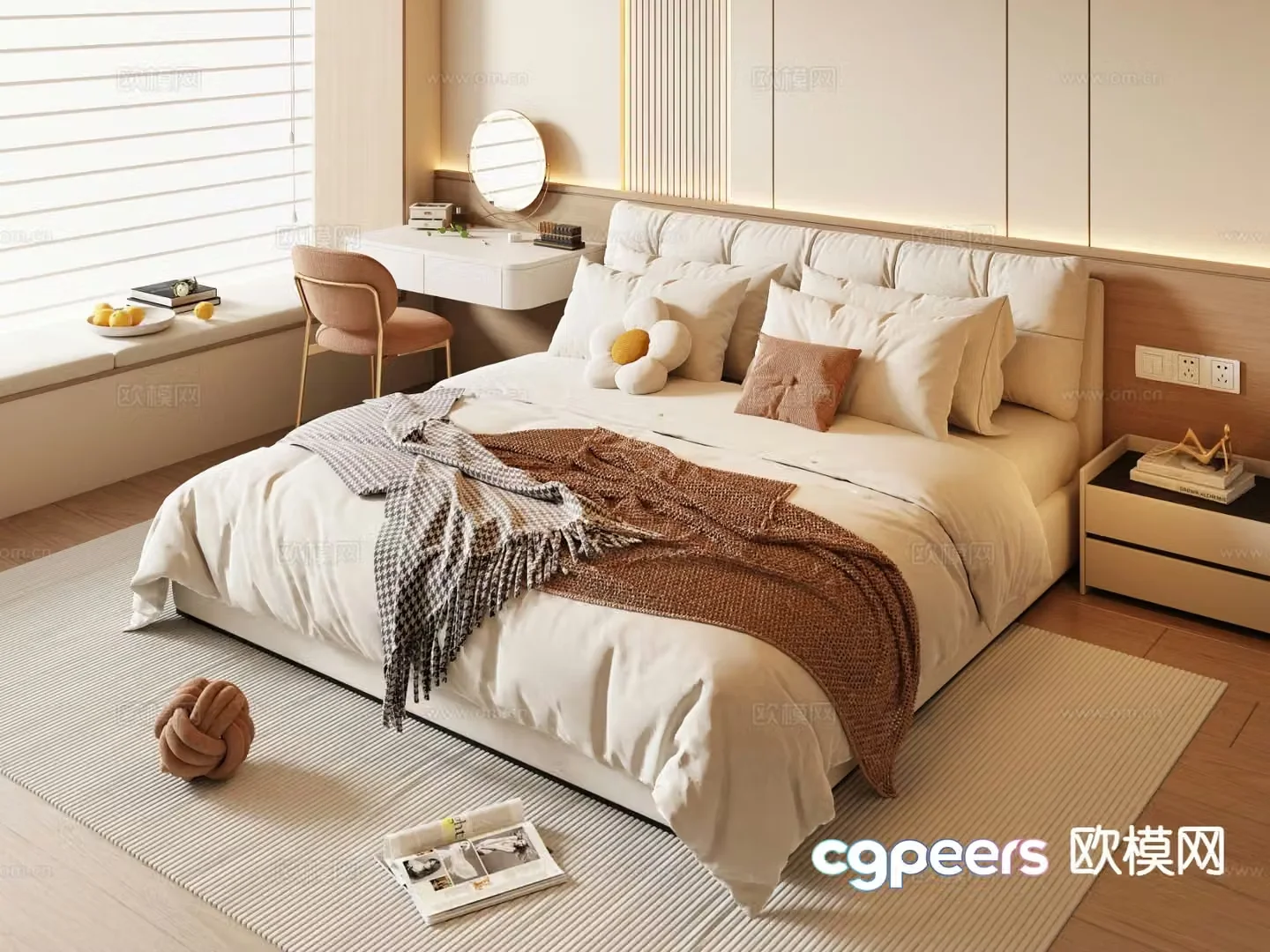 Cream style double bed 3d model