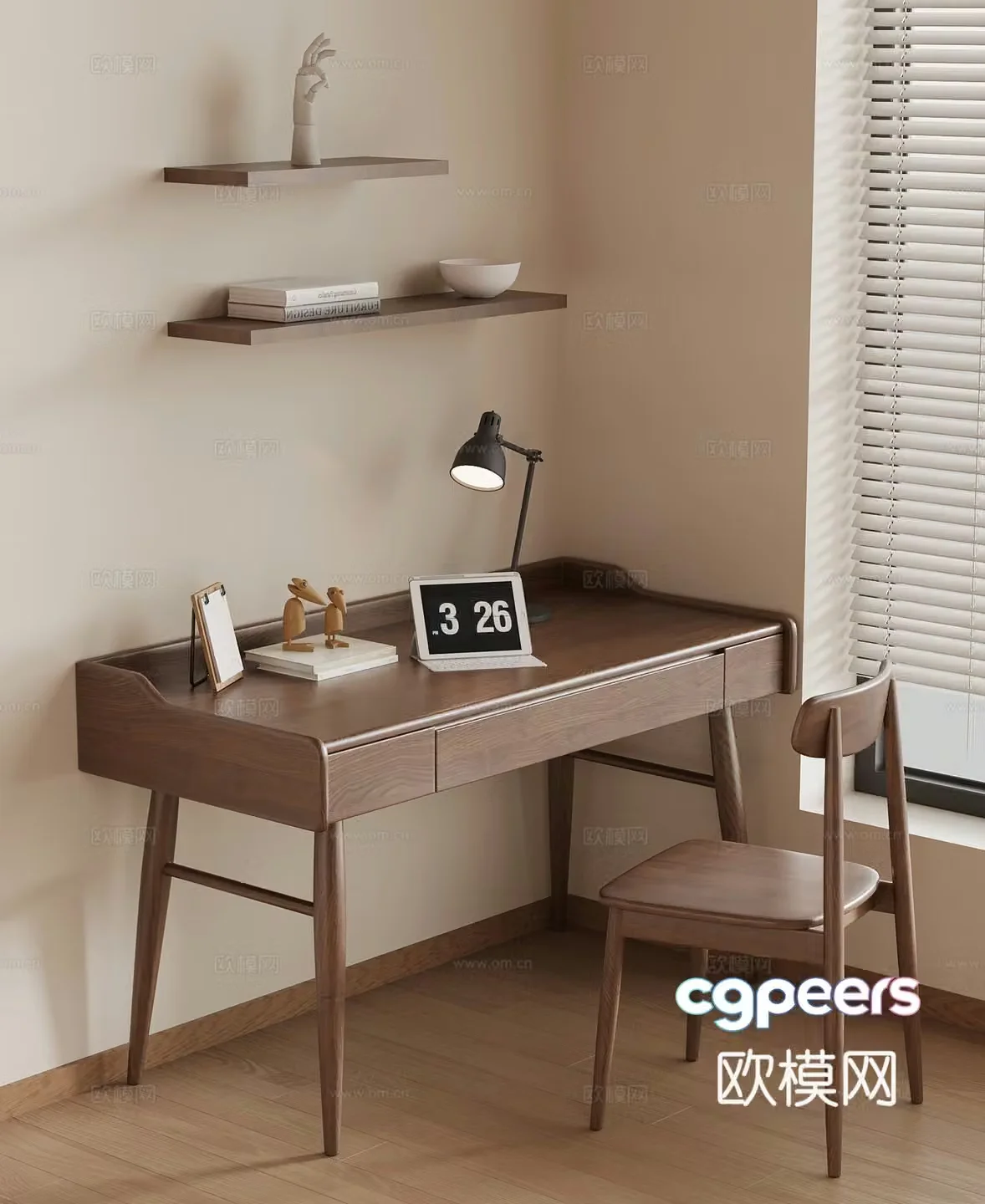 Study table Wasabi Middle Style desk and chair storage rack desk lamp 3D model