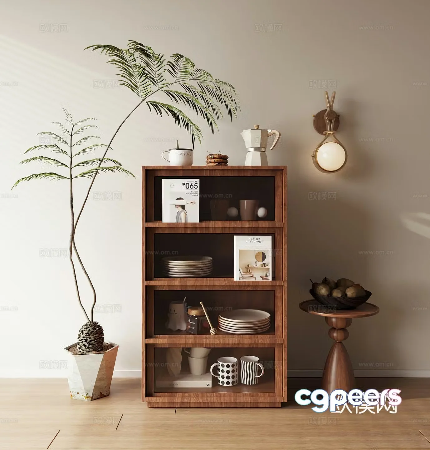 Sideboard Cabinet Tableware Ornaments Wall Light Pot Plant 3D Model