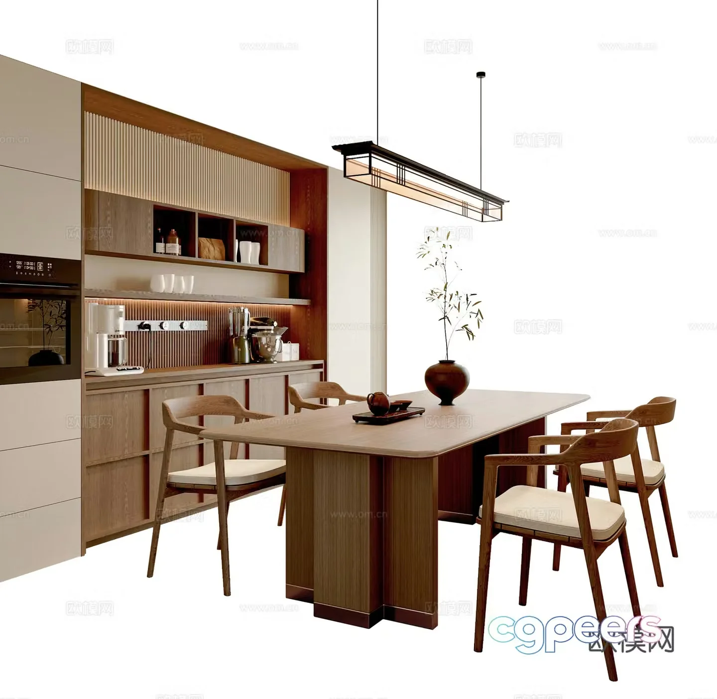 New Chinese style dining table and chair combination dining chair long table chandelier sideboard 3D model