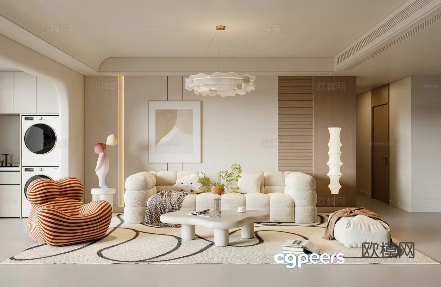 Modern Creamy Living Room 3D Model
